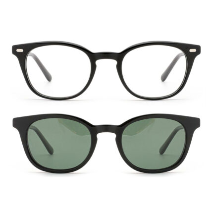 premium 2-in-1 round acetate optical frame with click-on sunglasses clip