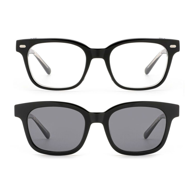 premium 2-in-1 square acetate optical frame with click-on sunglasses clip