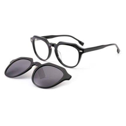 premium 2-in-1 geometric round acetate optical frame with clip-on sunglasses