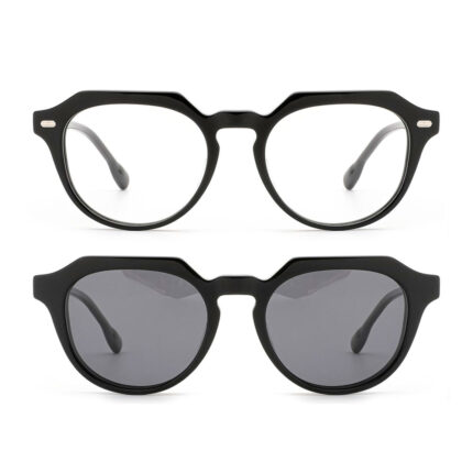 premium 2-in-1 geometric round acetate optical frame with clip-on sunglasses