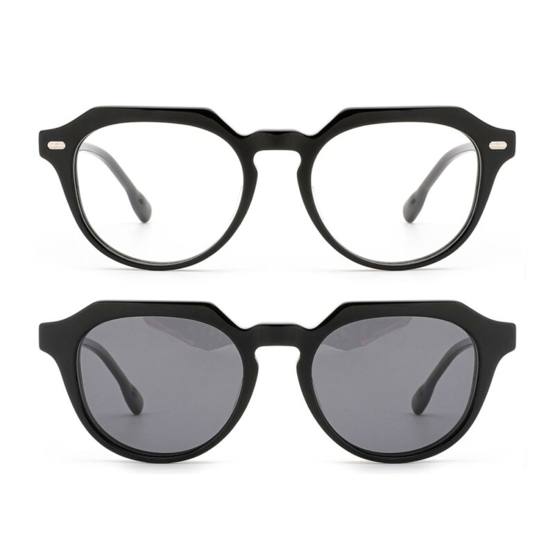 premium 2-in-1 geometric round acetate optical frame with clip-on sunglasses
