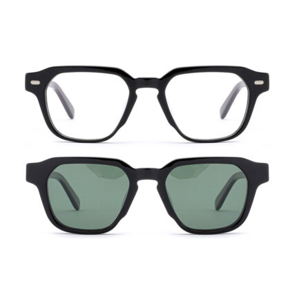 premium square acetate optical frame with clip-on sunglasses