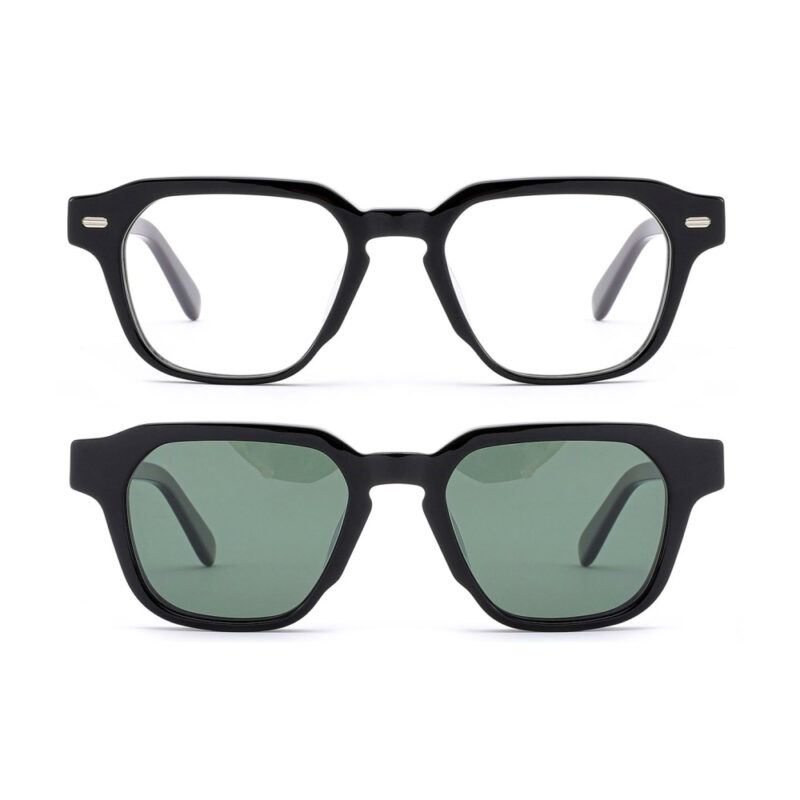 premium square acetate optical frame with clip-on sunglasses