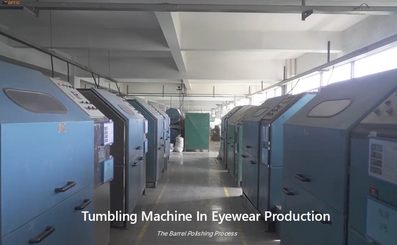 Eyewear barrel tumbling polishing machines in the SHJM Optical factory workshop