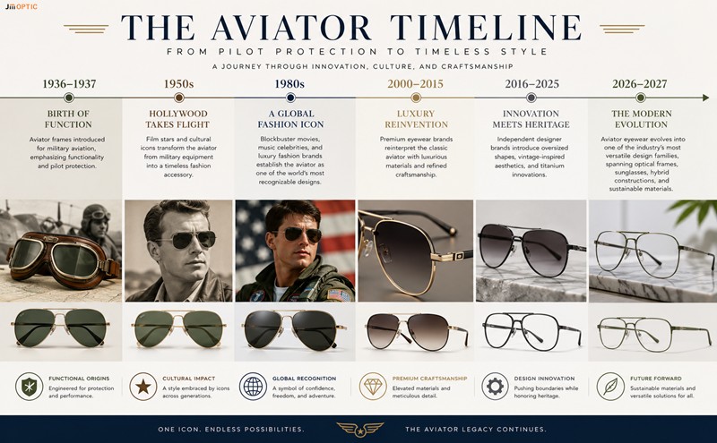 Evolution timeline of aviator eyewear from 1930s to 2027.