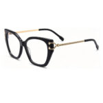 Black cat eye acetate eyeglasses with gold metal temple side view