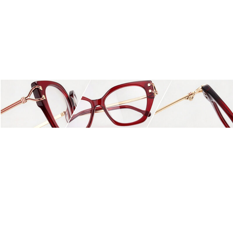 Close-up detail of cat eye glasses metal hinge and temple