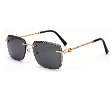 Gold twisted metal temple rimless sunglasses black carved edge lens