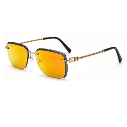Luxury amber yellow rimless carved edge sunglasses gold twisted metal temples